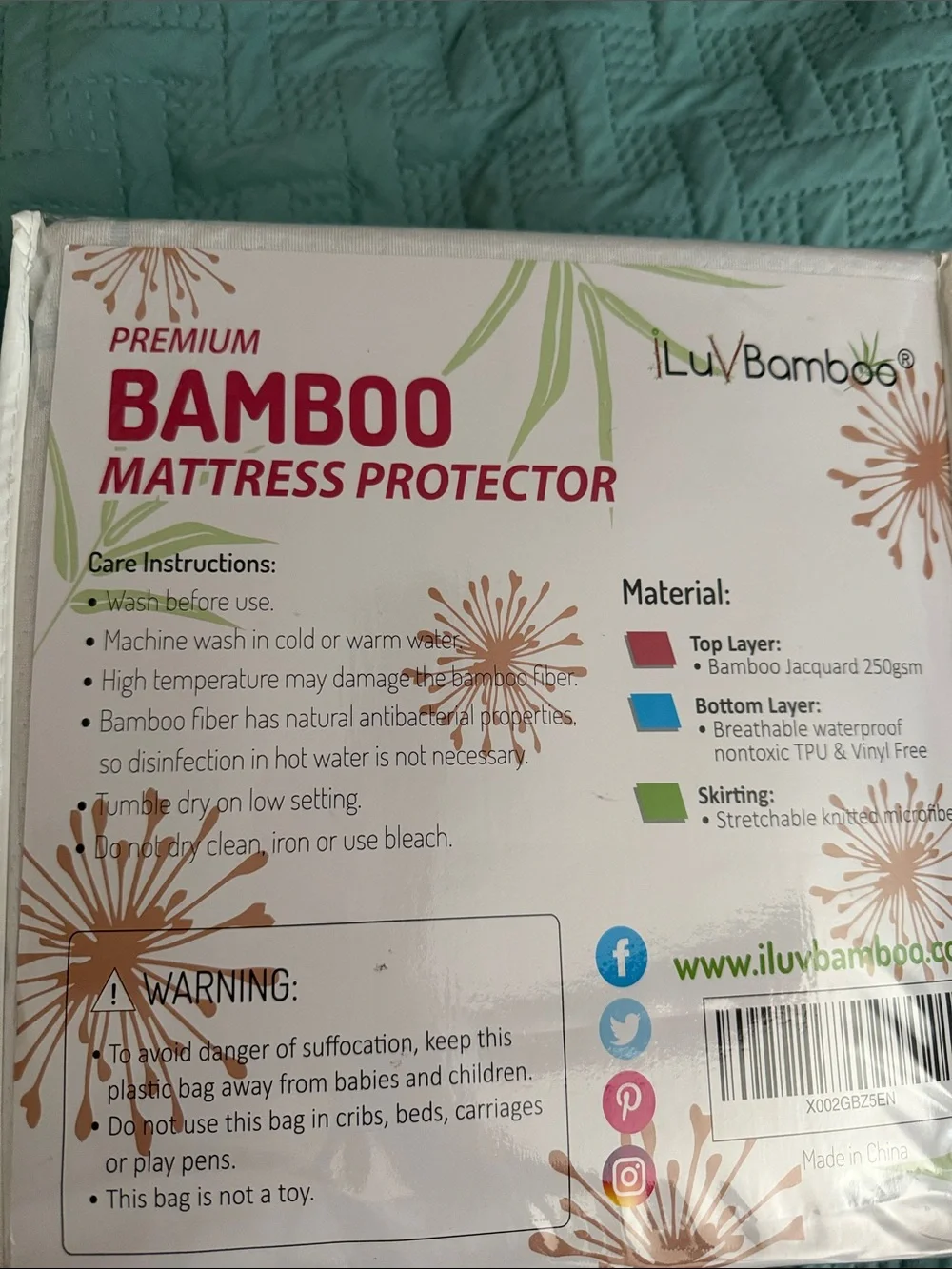BAMBOO Quilted Queen Size Mattress Protector Cover - White